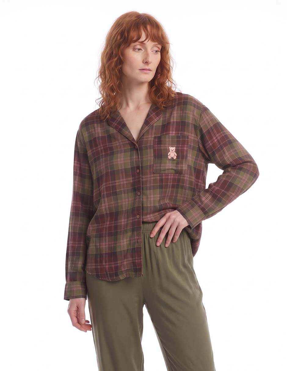 Playera pijama estampado a cuadros para mujer
